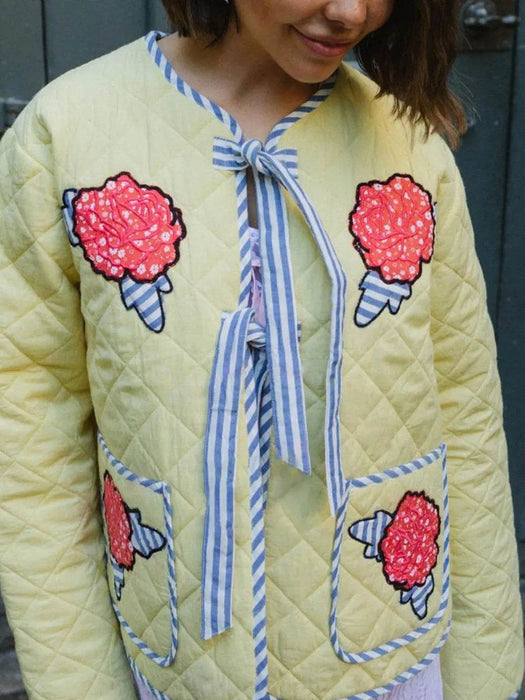 Embroidered Flower Tied Long Sleeve Winter Coat - Byyde