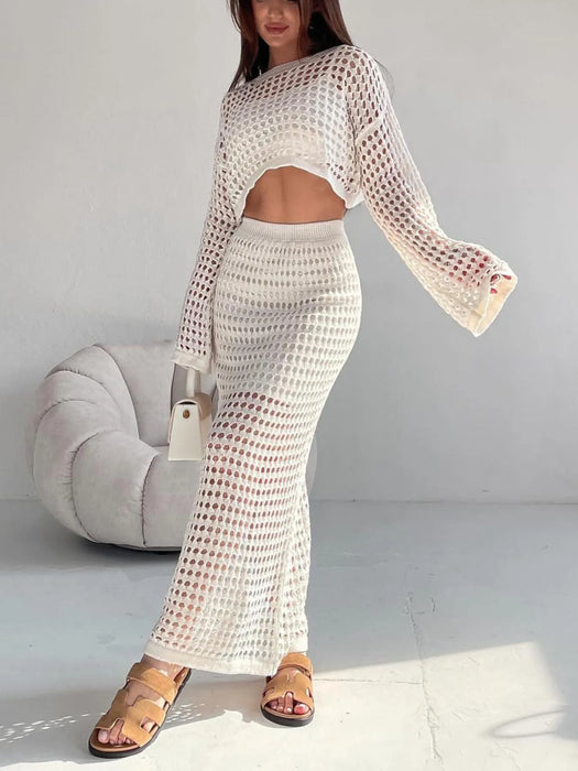 Hollow Out Long Sleeve Top and Skirt Knit Set - Byyde