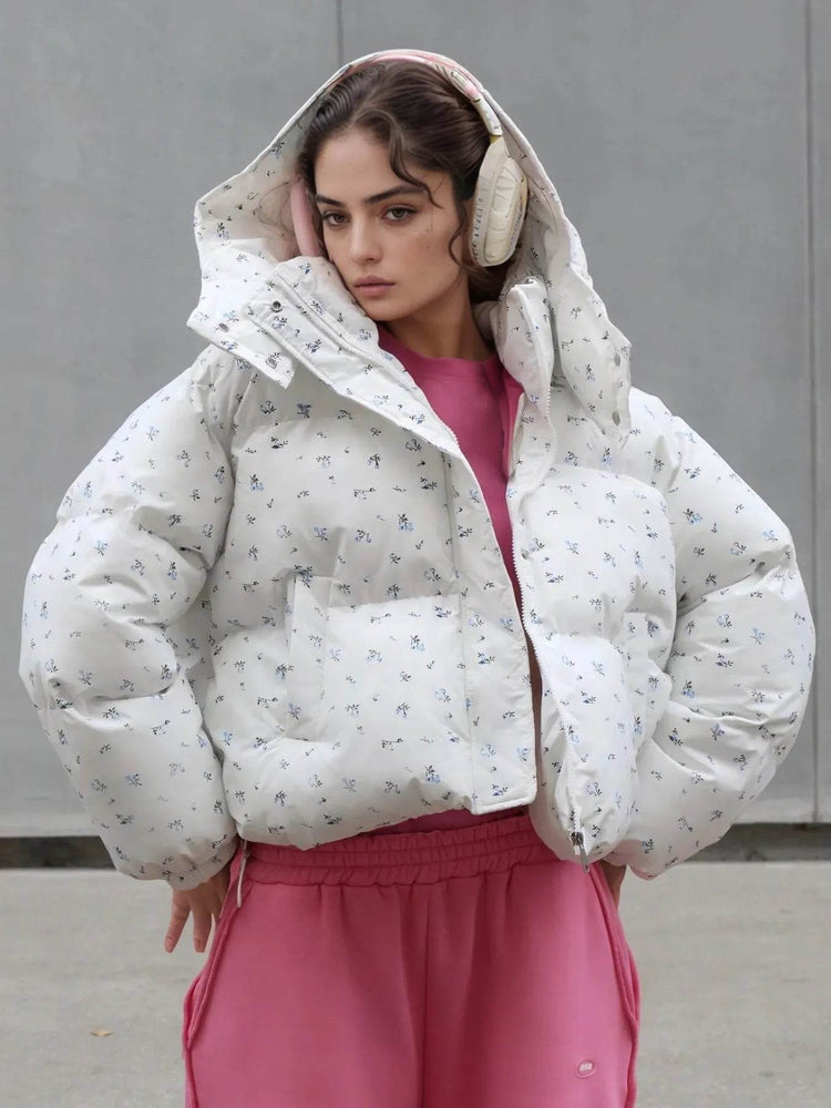 Floral Print Puffer Jacket with Hood - Byyde