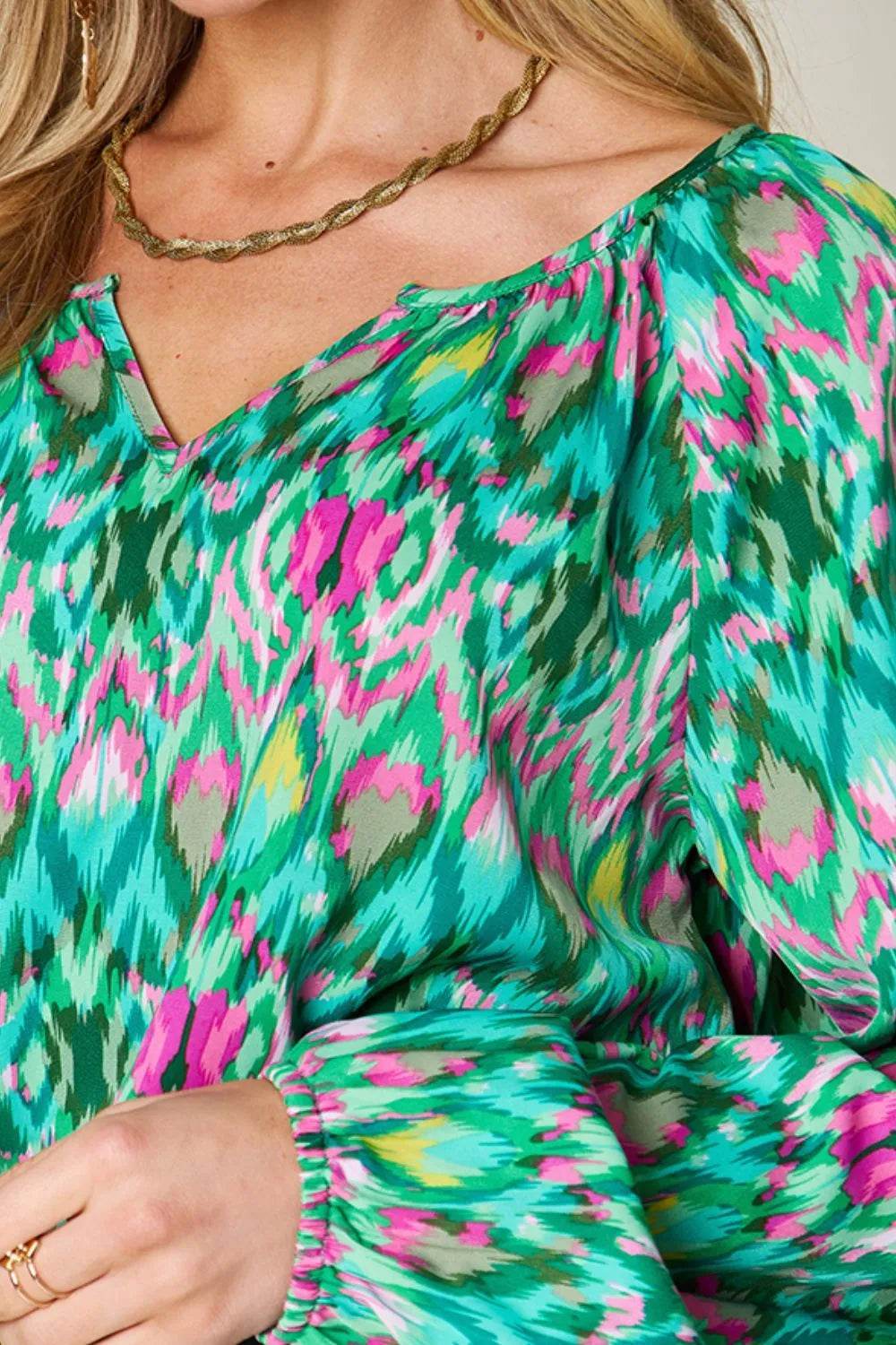 Double Take Full Size Printed Balloon Sleeve Blouse - Byyde