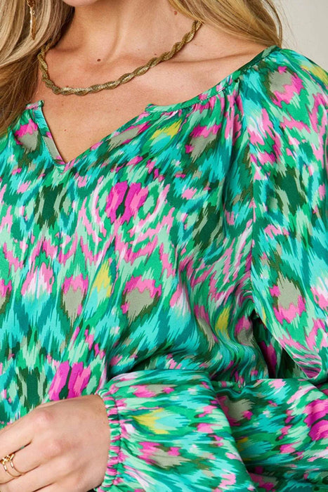 Double Take Full Size Printed Balloon Sleeve Blouse - Byyde