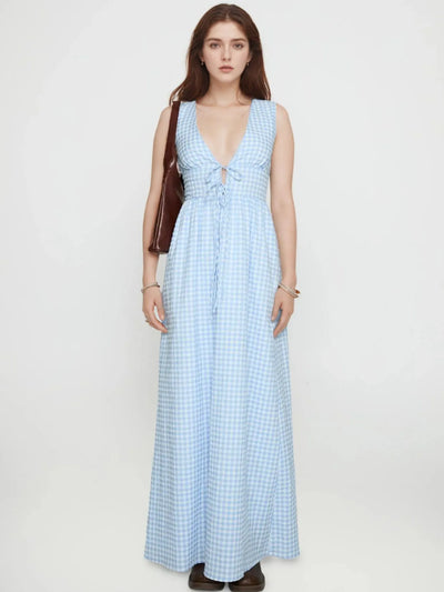 Plaid Tie Front Sleeveless Maxi Dress - Byyde