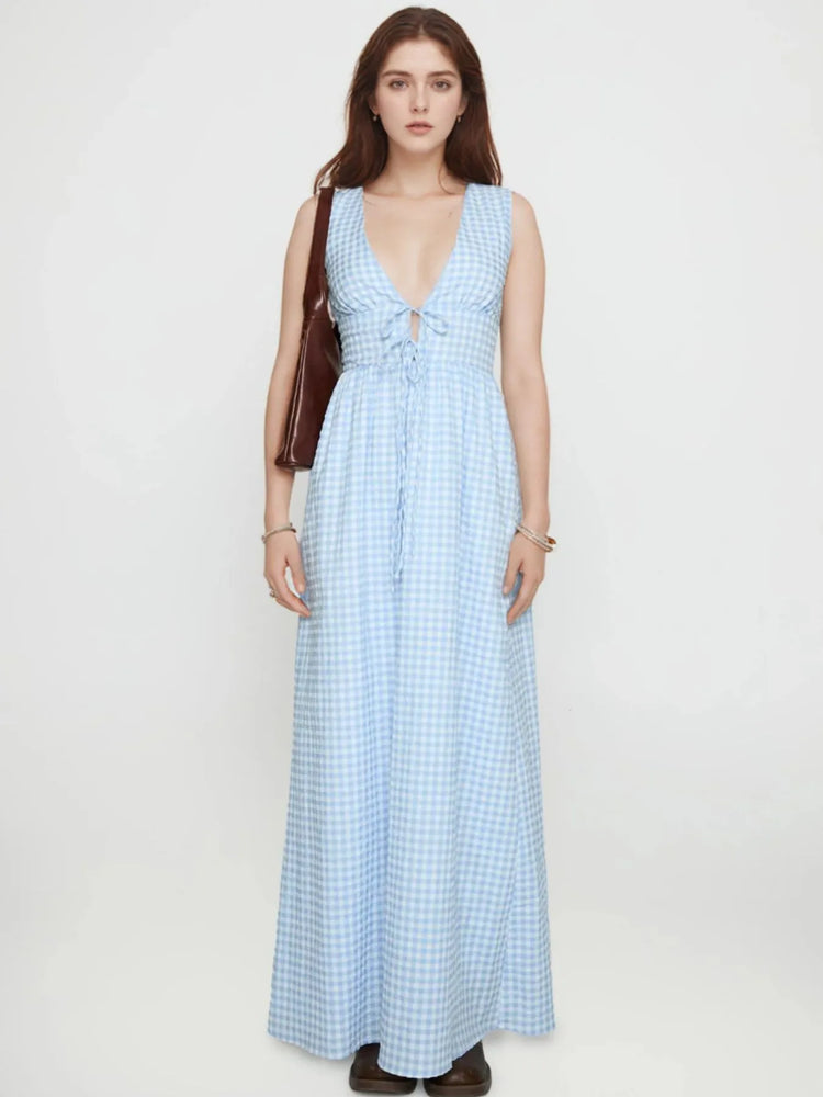 Plaid Tie Front Sleeveless Maxi Dress - Byyde