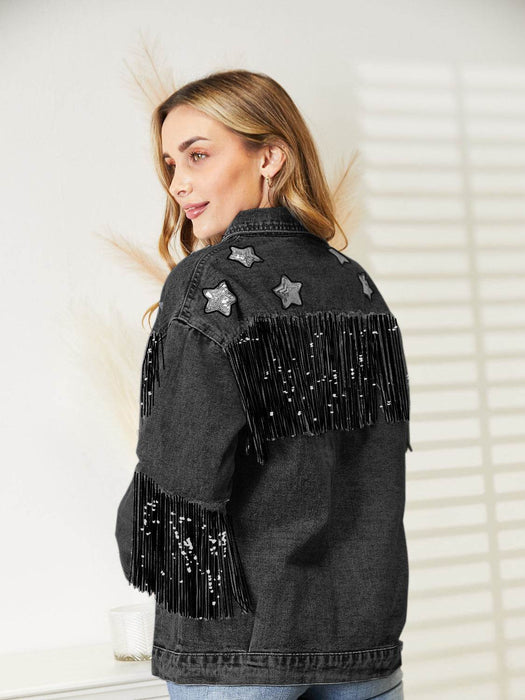 Fringe Detail Long Sleeve Denim Jacket - Byyde