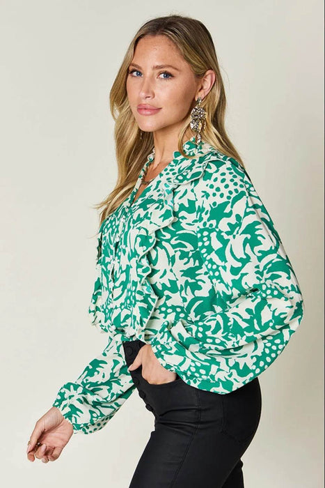 Double Take Full Size Printed Ruffle Trim Balloon Sleeve Shirt - Byyde
