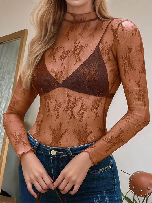 Floral Mock Neck Long Sleeve Mesh Top - Byyde