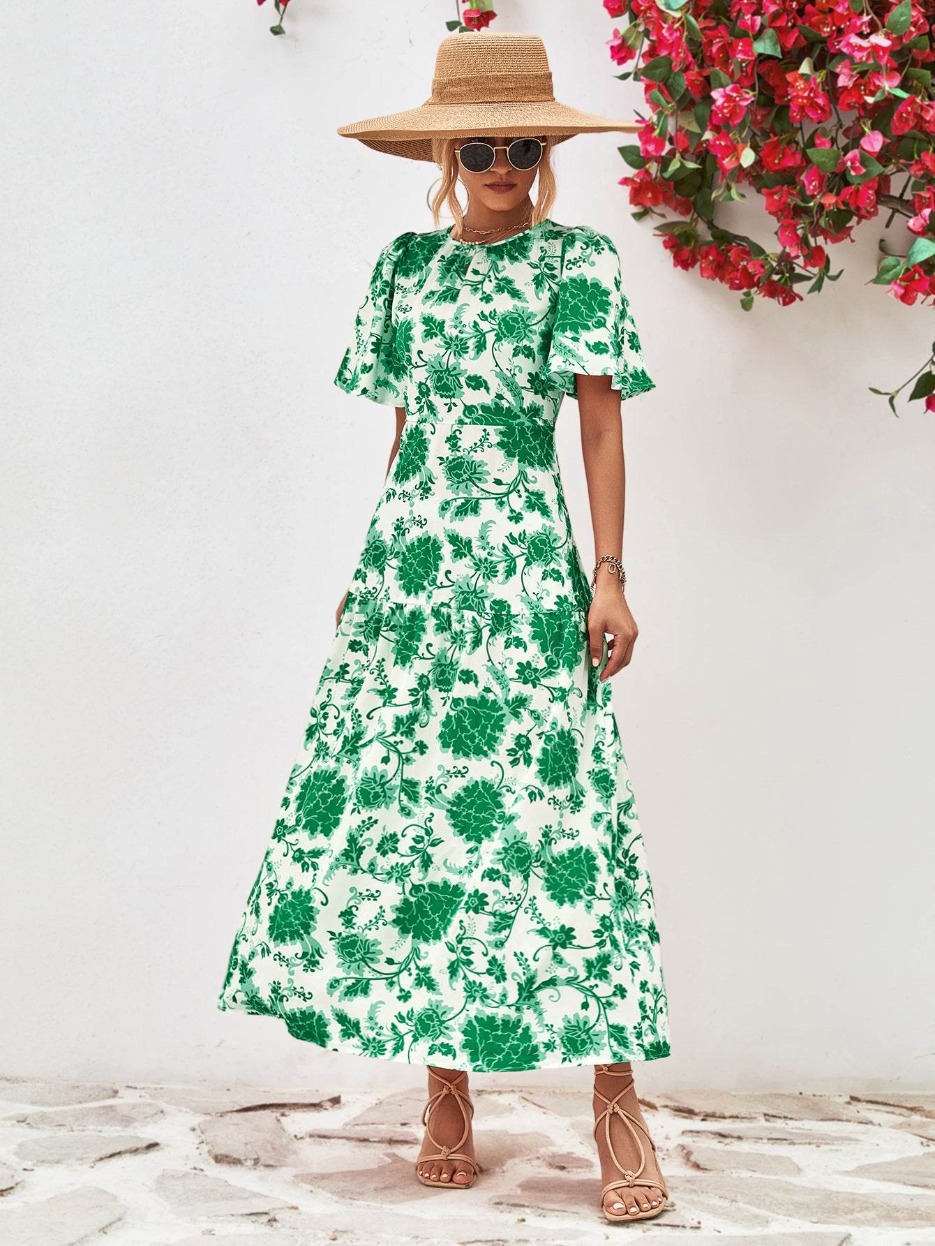 Floral Round Neck Tied Open Back Dress - Byyde