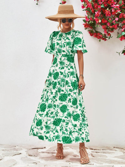 Floral Round Neck Tied Open Back Dress - Byyde