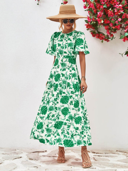 Floral Round Neck Tied Open Back Dress - Byyde