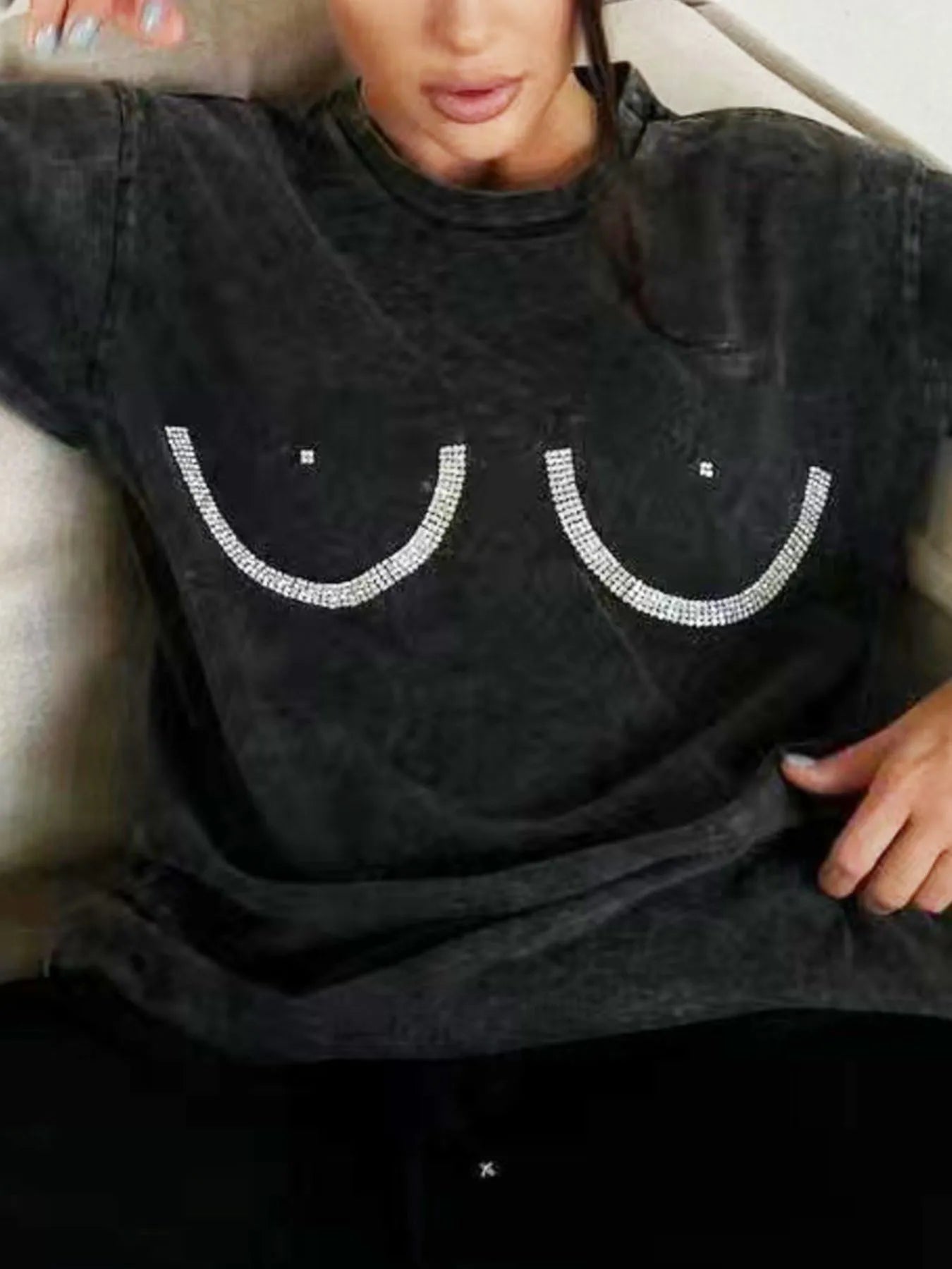 Rhinestone Round Neck Washed T-Shirt - Byyde