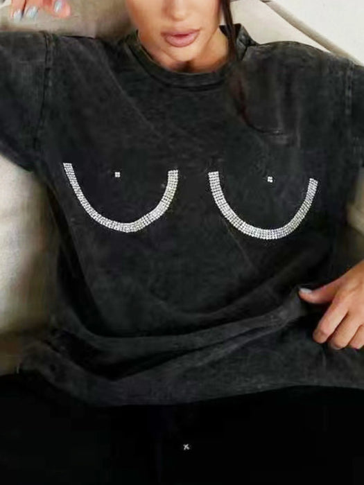Rhinestone Round Neck Washed T-Shirt - Byyde