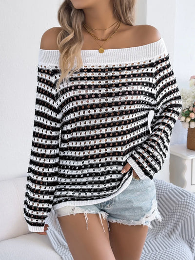 Openwork Striped Off-Shoulder Knit Top - Byyde