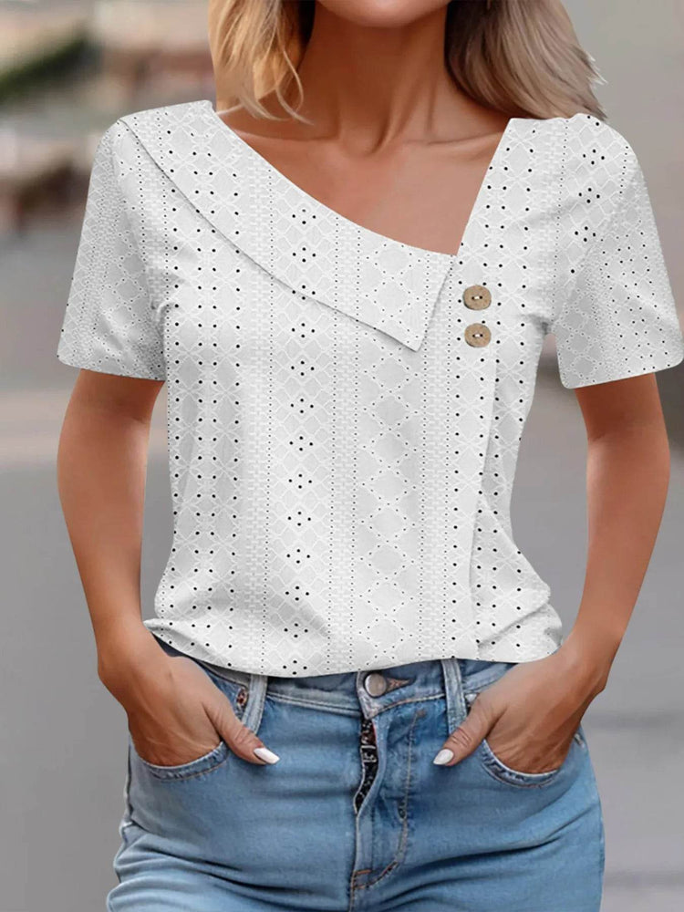 Eyelet Asymmetrical Short Sleeve T-Shirt - Byyde