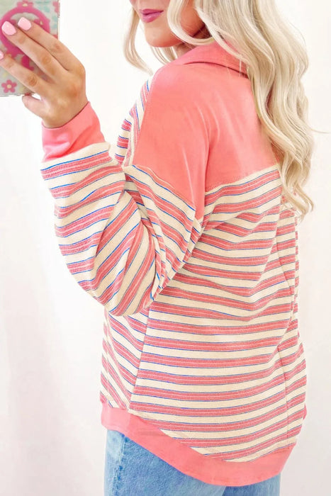 Striped Johnny Collar Long Sleeve Sweatshirt - Byyde