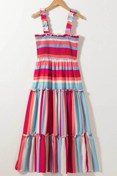 Contrast Stripe Wide Strap Smocked Tiered Dress - Byyde
