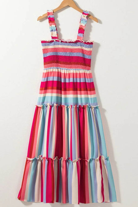 Contrast Stripe Wide Strap Smocked Tiered Dress - Byyde