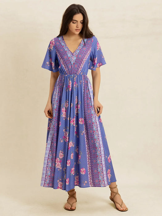 Printed Short Sleeve Midi Dress - Byyde