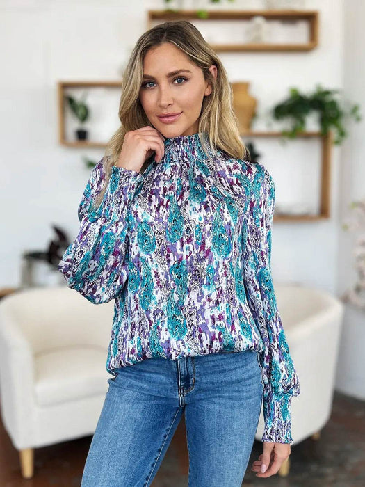 Double Take Full Size Printed Smocked Long Sleeve Blouse - Byyde