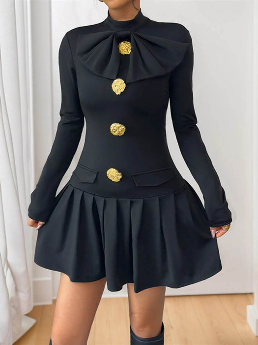 Decorative Button Mock Neck Long Sleeve Mini Dress - Byyde