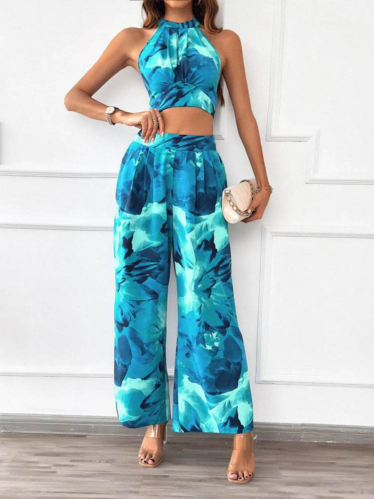 Devine Printed Halter Neck Top and Pants Set - Byyde