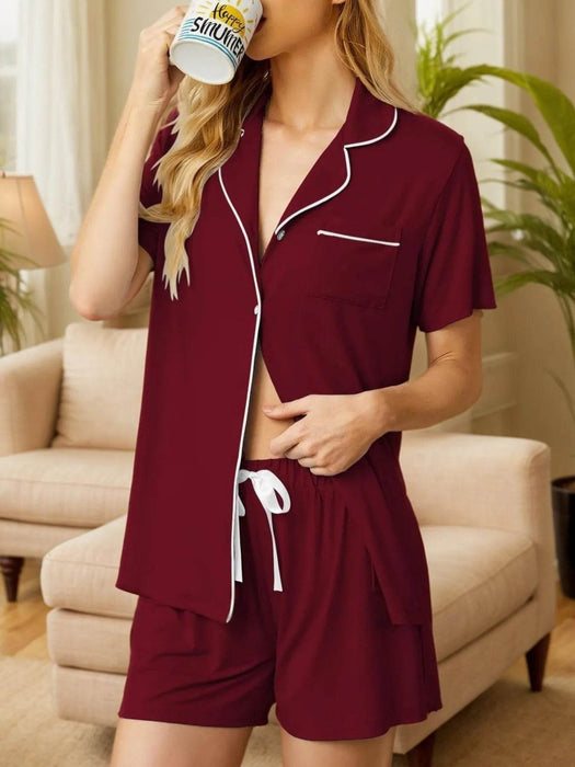 Button Up Short Sleeve Top and Shorts Lounge Set - Byyde