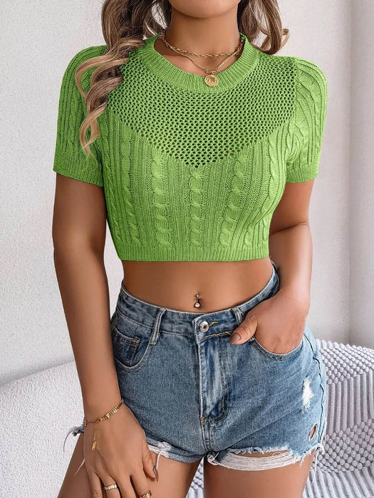 Cable Knit Openwork Round Neck Knit Top - Byyde