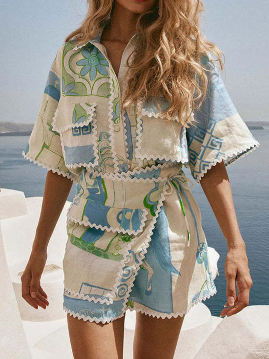Printed Short Sleeve Shirt and Skirt Set - Byyde