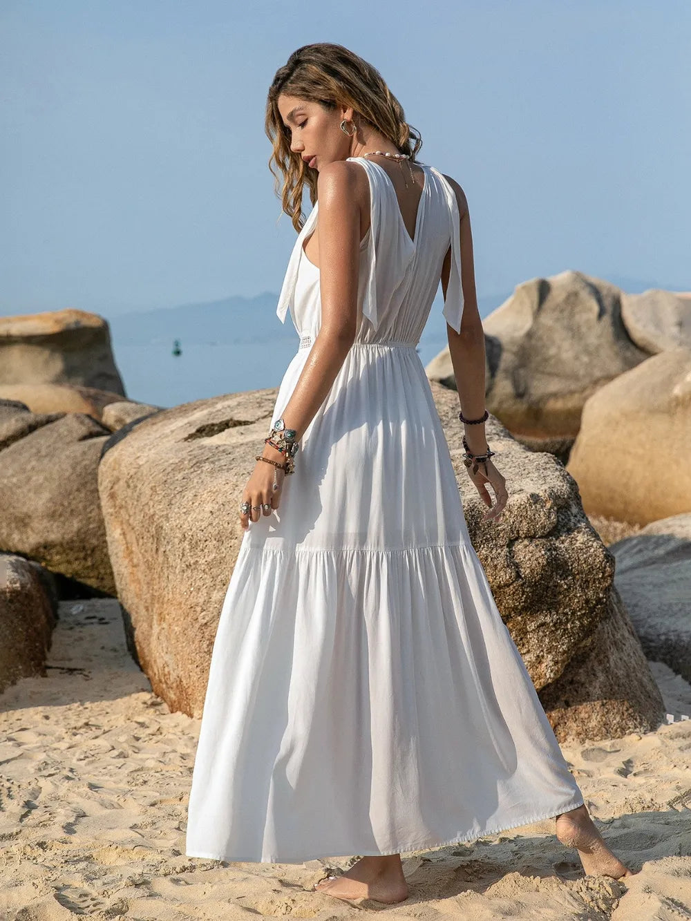 V-Neck Tie Shoulder Crochet Maxi Dress - Byyde