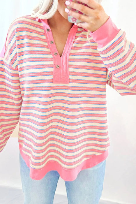 Striped Johnny Collar Long Sleeve Sweatshirt - Byyde