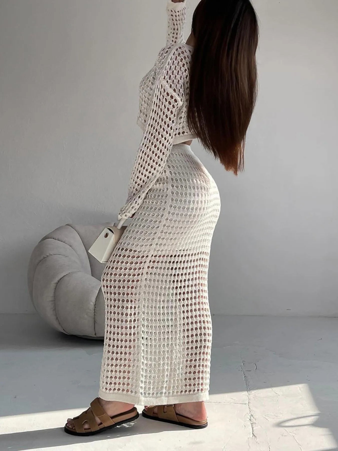 Hollow Out Long Sleeve Top and Skirt Knit Set - Byyde