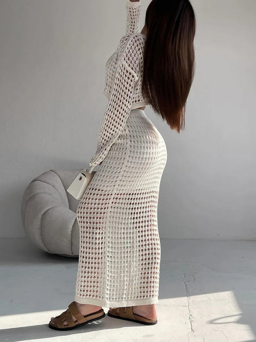 Hollow Out Long Sleeve Top and Skirt Knit Set - Byyde