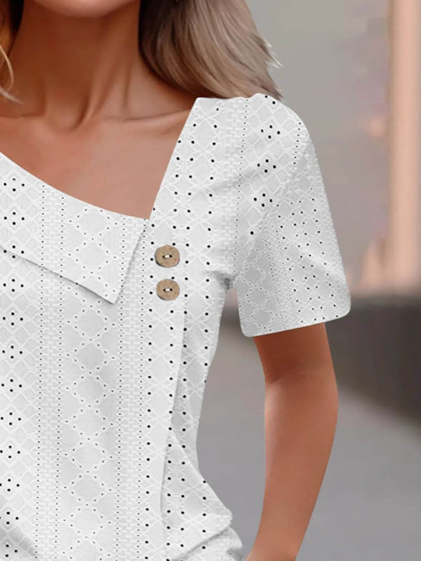 Eyelet Asymmetrical Short Sleeve T-Shirt - Byyde
