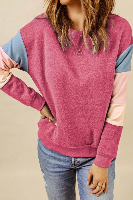Color Block Round Neck Long Sleeve Sweatshirt - Byyde