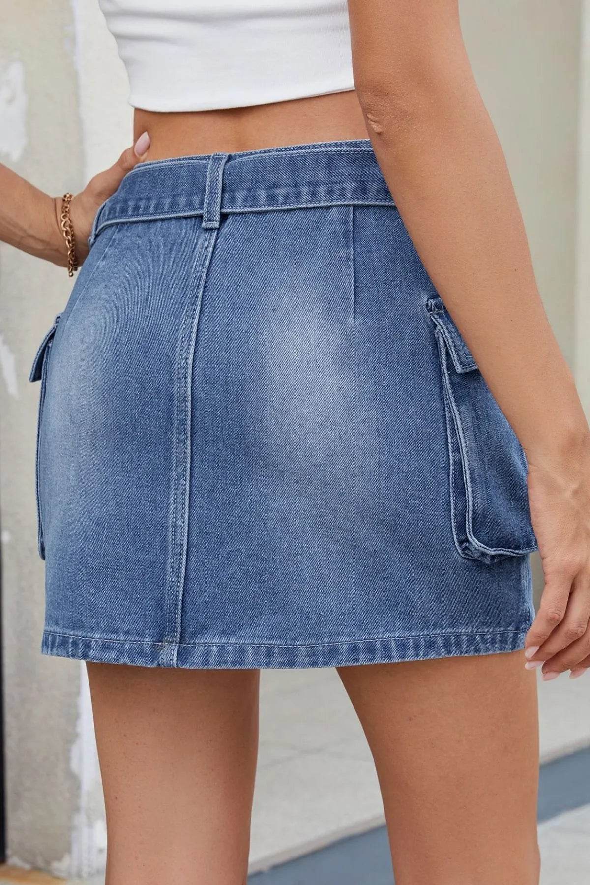 Criss-Cross Waist Detail Denim Mini Skirt - Byyde