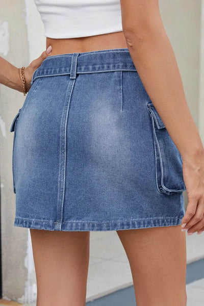 Criss-Cross Waist Detail Denim Mini Skirt - Byyde