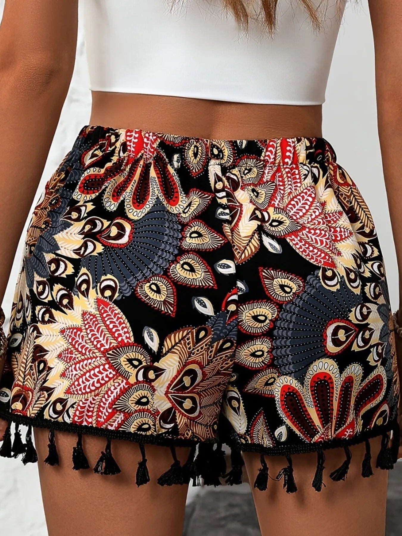 Paisley Print Tassel Hem Shorts - Byyde