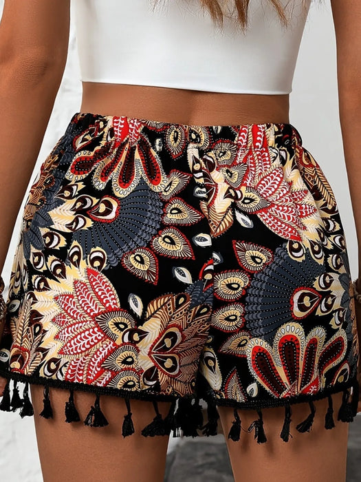 Paisley Print Tassel Hem Shorts - Byyde