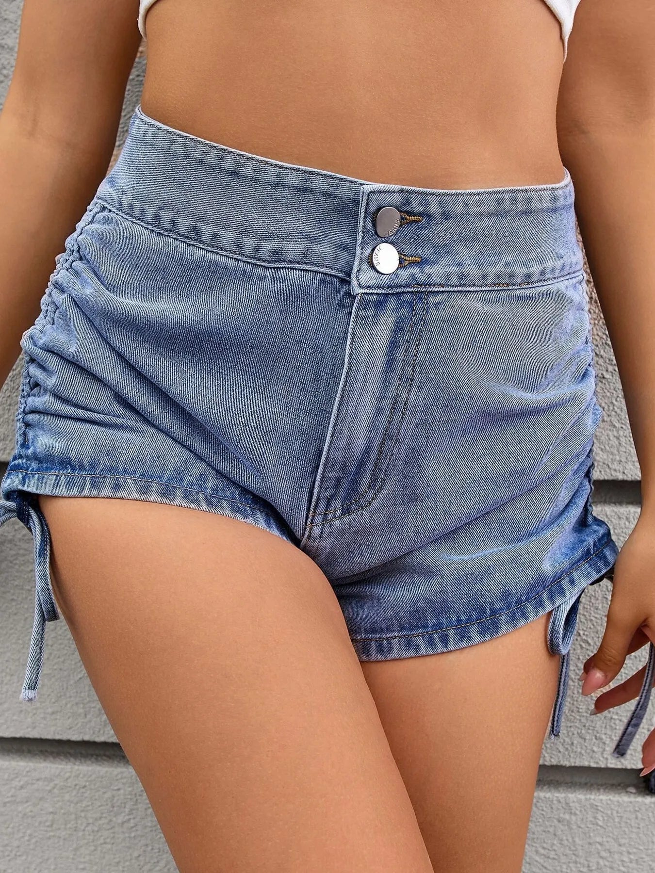 Ruched Side Drawstring Denim Shorts - Byyde