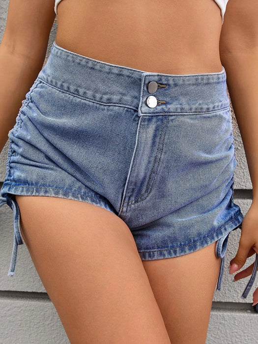 Ruched Side Drawstring Denim Shorts - Byyde