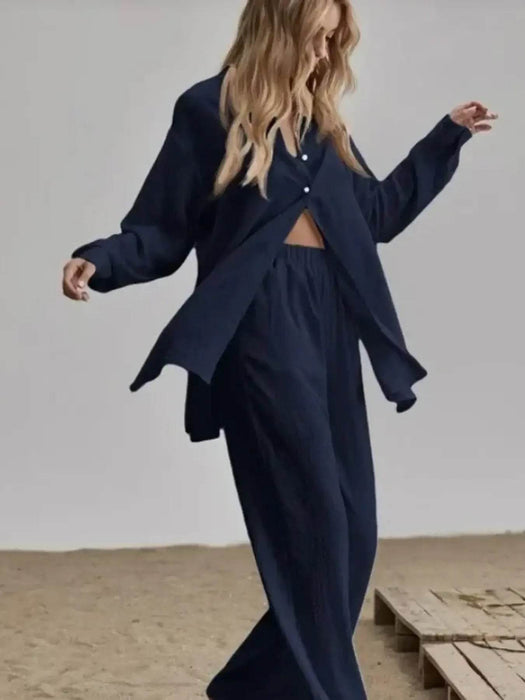 Button Up Long Sleeve Shirt and Pants Set - Byyde