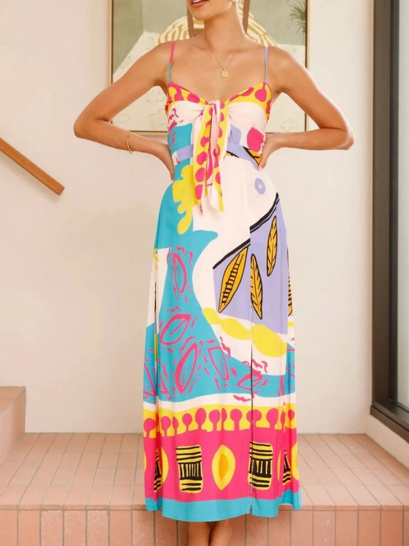 Tied Front Printed Slit Maxi Cami Dress - Byyde