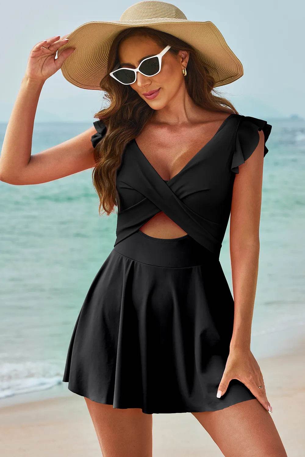 Cutout V-Neck Cap Sleeve One-Piece Swimwear - Byyde