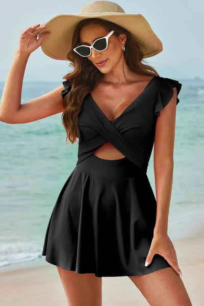 Cutout V-Neck Cap Sleeve One-Piece Swimwear - Byyde