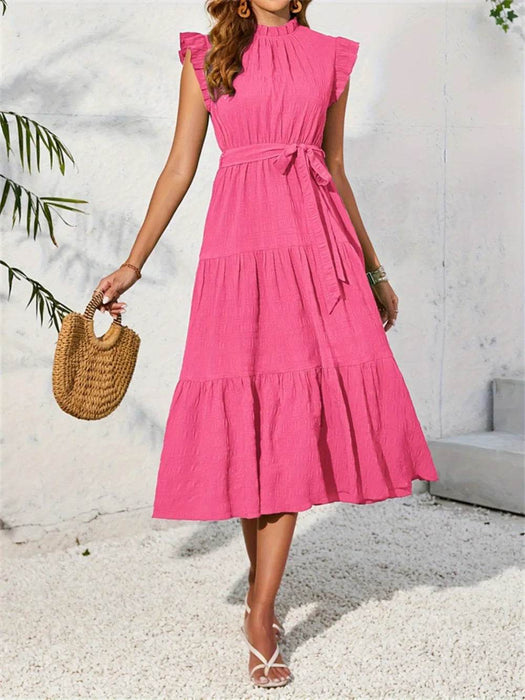 Frill Mock Neck Ruffled Cap Sleeve Midi Dress - Byyde