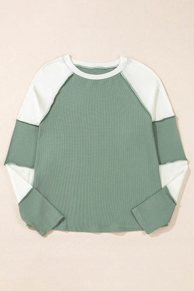 Color Block Round Neck Raglan Sleeve Top - Byyde