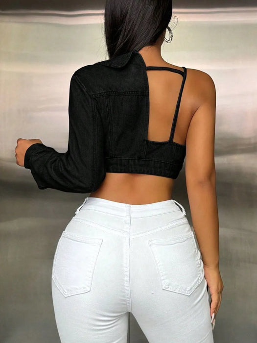 One Shoulder Long Sleeve Cropped Denim Top - Byyde