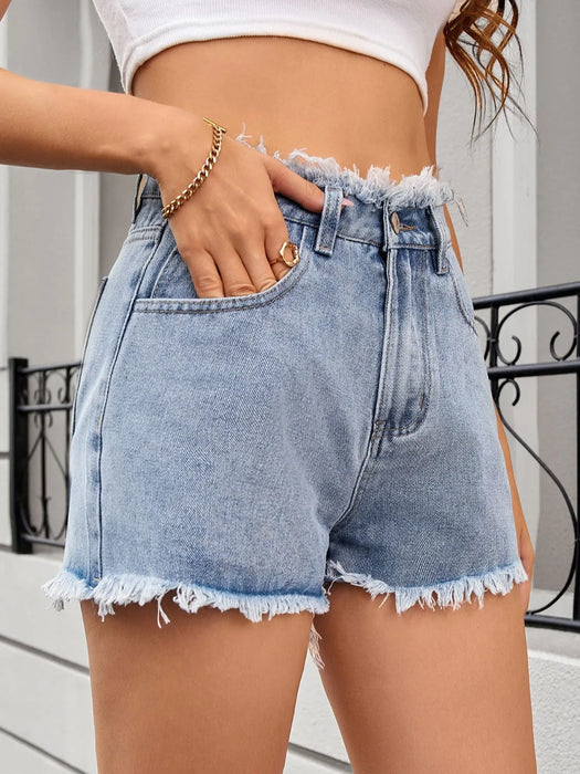 Washed Raw Hem Denim Shorts - Byyde
