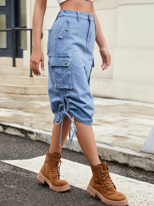 Drawstring Denim Skirt with Cargo Pockets - Byyde