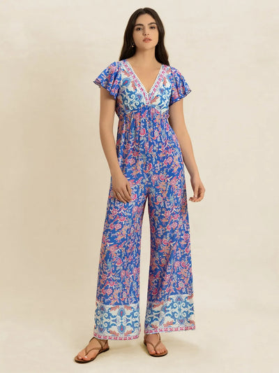 Printed V-Neck Wide Leg Jumpsuit - Byyde