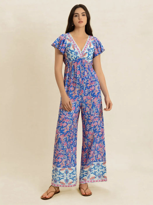 Printed V-Neck Wide Leg Jumpsuit - Byyde